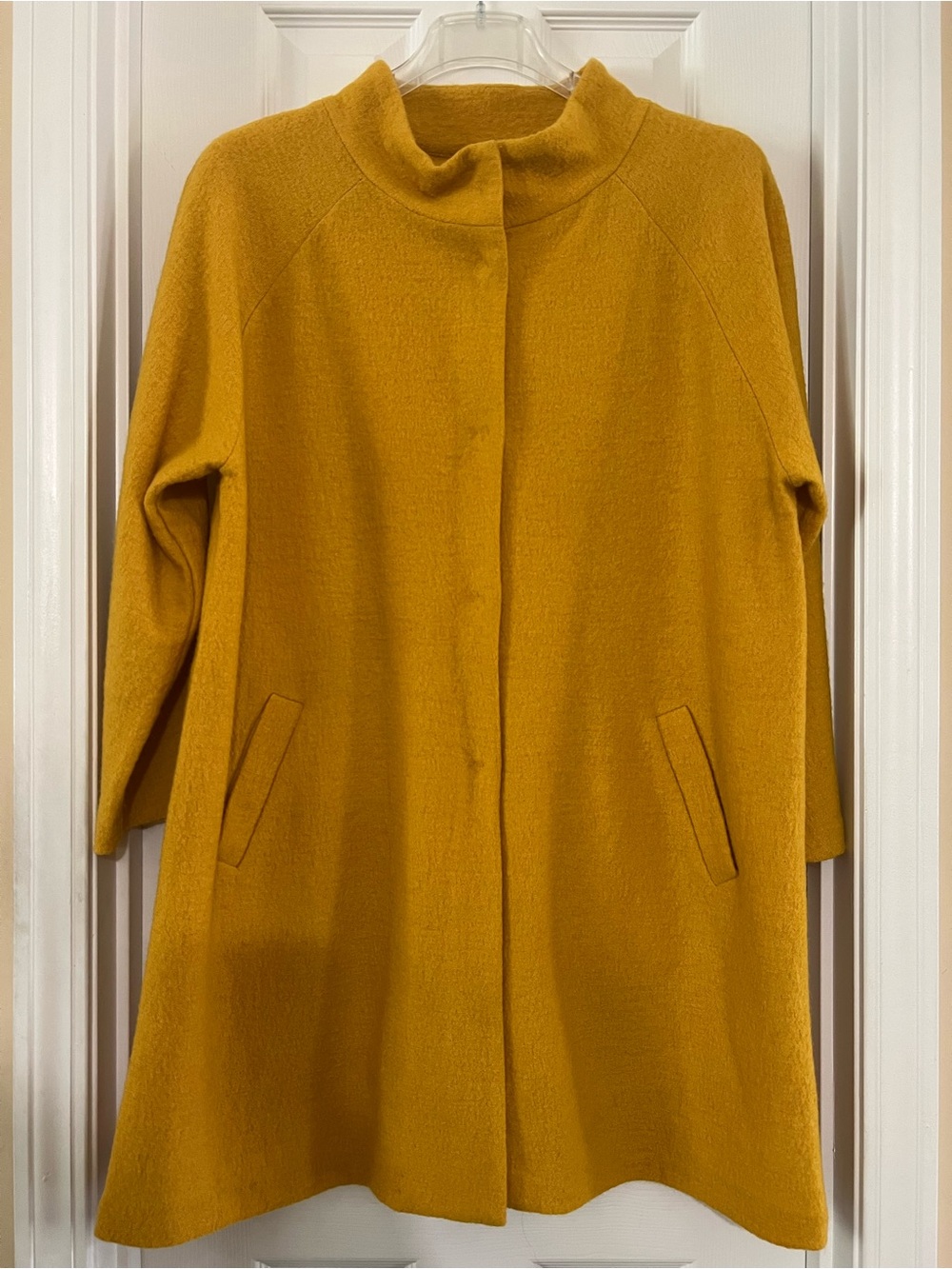 Mustard Yellow/Goldenrod Mock Neckline, Raglan Sleeves, Sleek Design Wool Coat.
